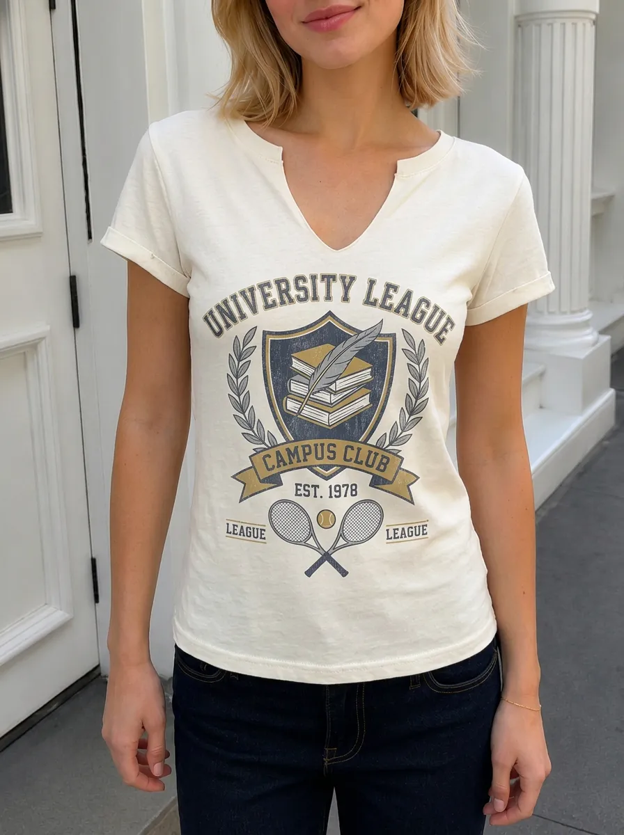 Women's University League Tennis Club Book Printed V-Neck T-Shirt