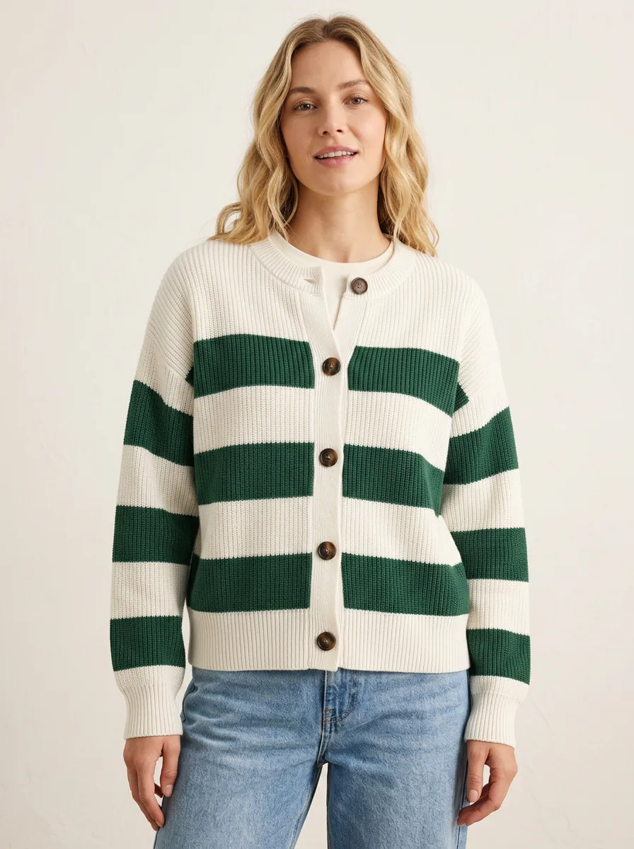 Relaxed Rugby Striped Button Front Cardigan