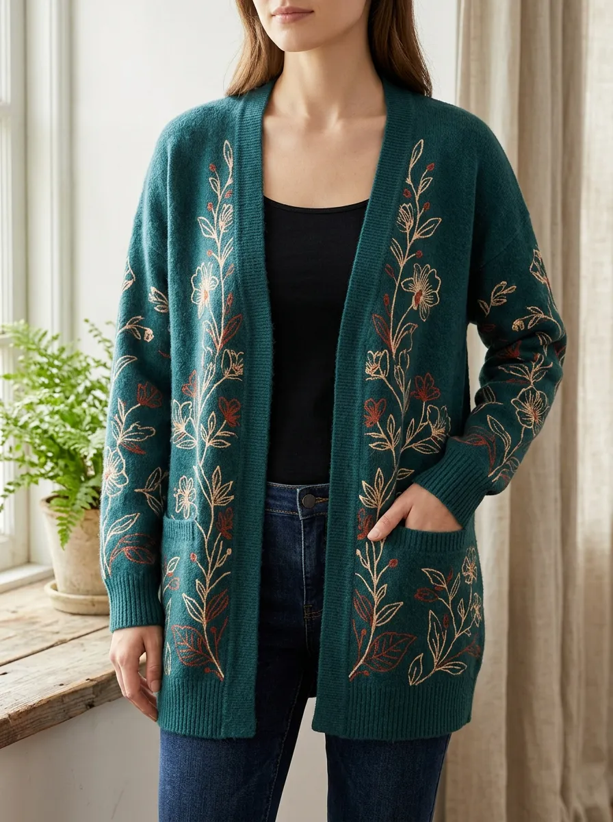 Women's Botanical Nature Lover Floral Printed Ribbed Trim Versatile Layering Cardigan