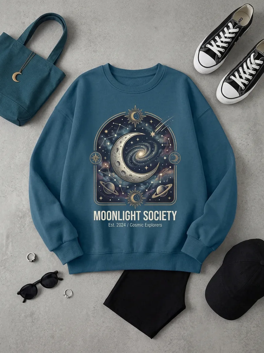 Women's Moonlight Society Celestial Galaxy Moon Printed T-shirt