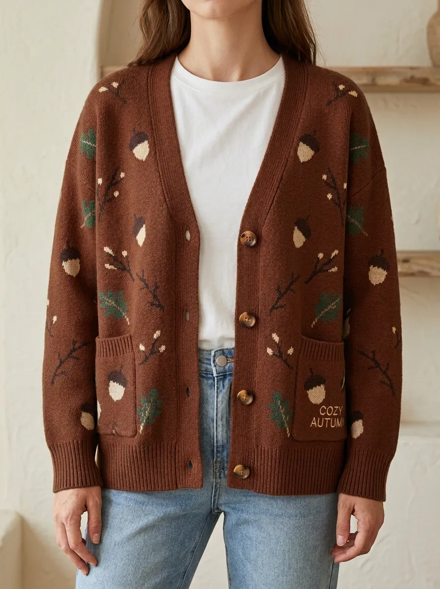 Rustic Acorn Leaf Pattern Patterned Women's Knit Cardigan