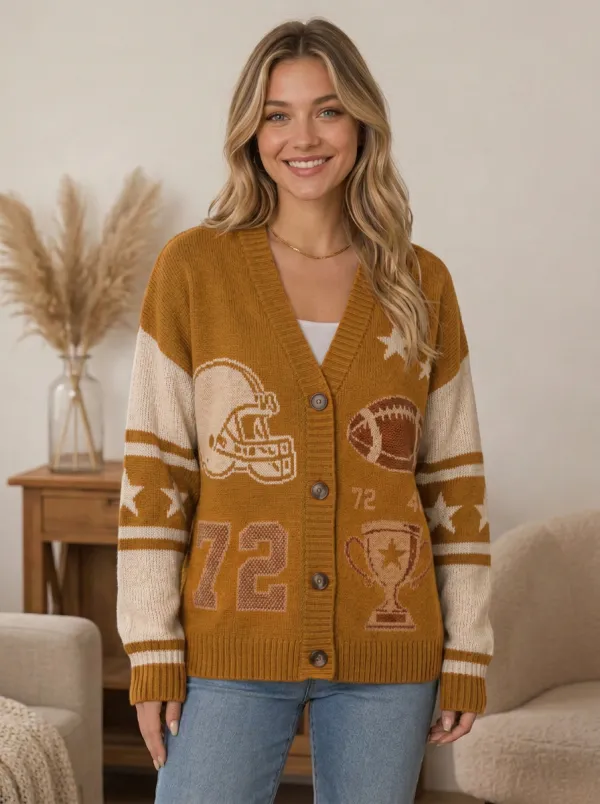 Women's Fieldhouse Inspired Gridiron Helmet Trophy Ball Knit Cardigan