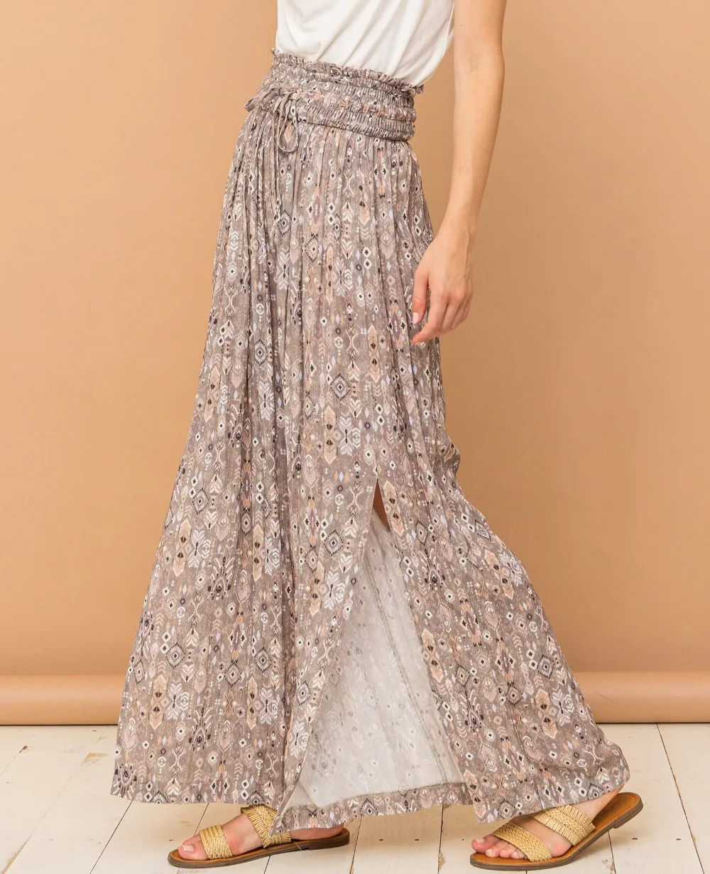 And The Why Printed Smocked Waist Slit Wide Leg Pants