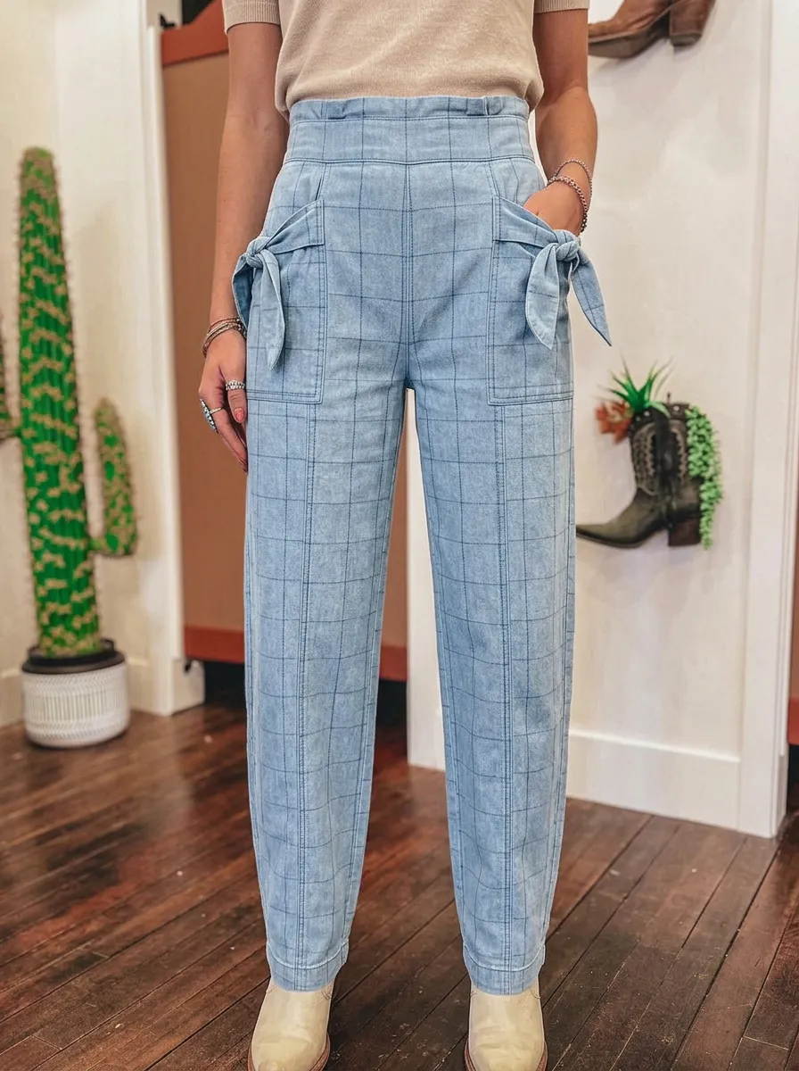 Women's Casual Fashion Plaid Pattern Tie-Waist Printed Trousers