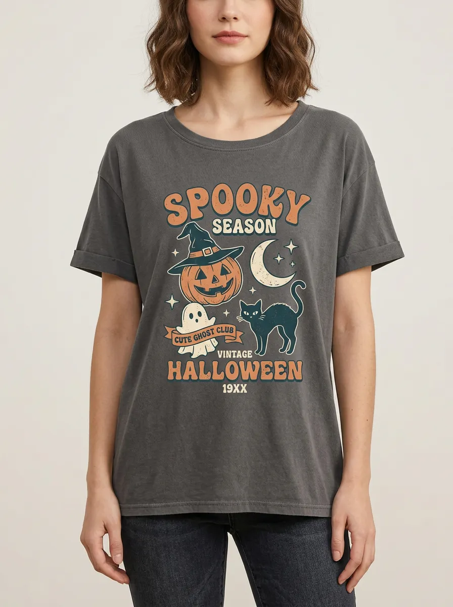 Women's Halloween Spooky Season Pumpkin Ghost Cat Printed T-shirt