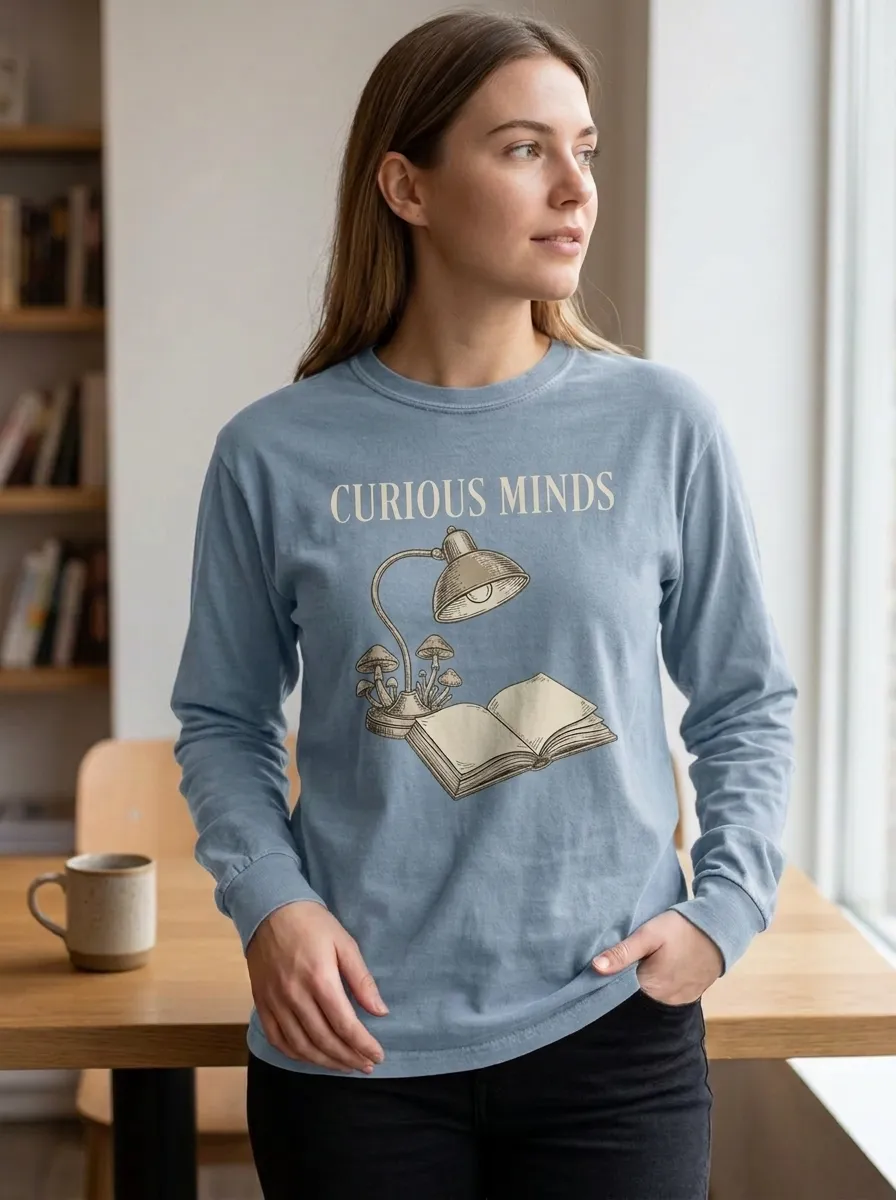 Women's Book Lover Curious Minds Mushroom Lamp Printed Long Sleeve Shirt