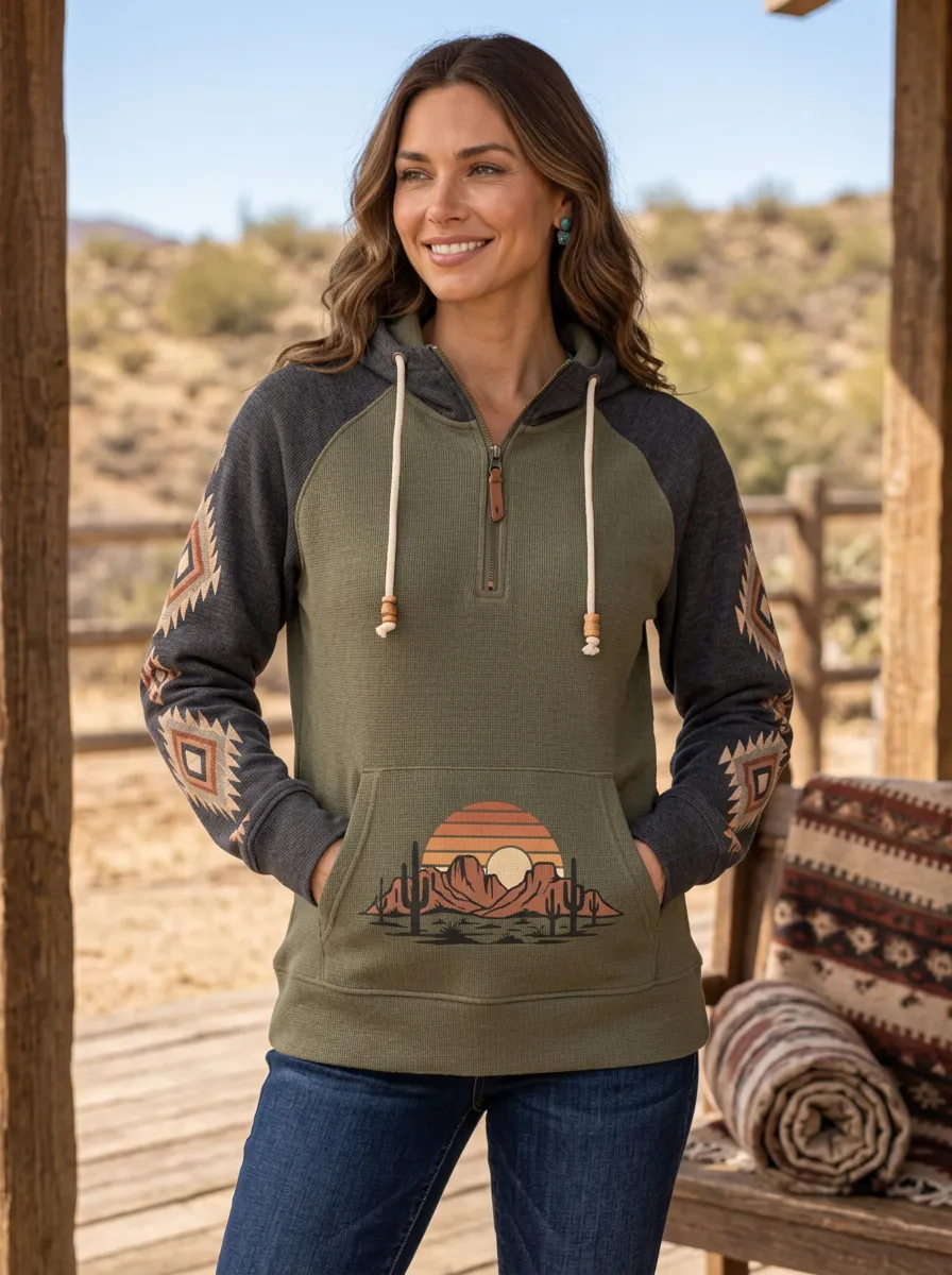 Women's Western Olive & Charcoal Southwest Print Quarter-Zip Hoodie