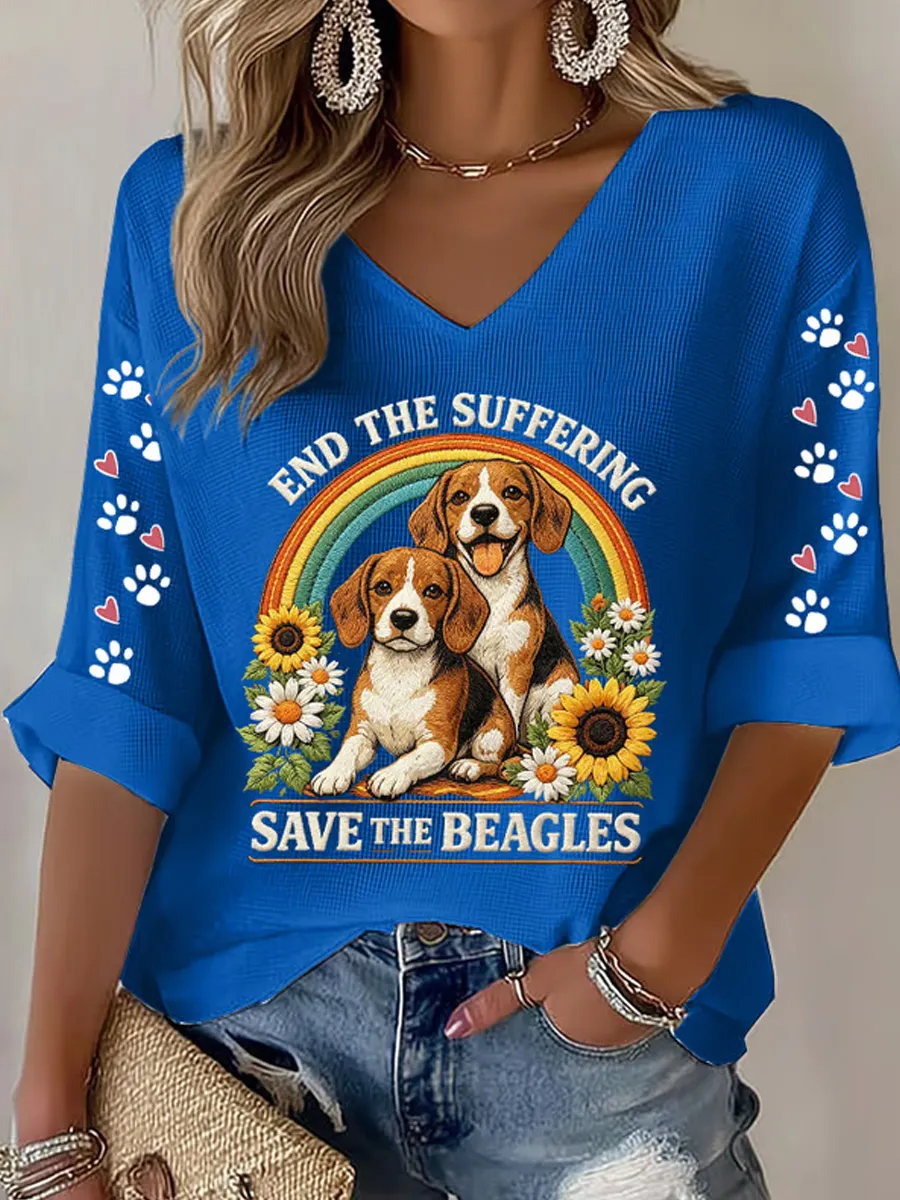 Women's End The Suffering Save The Beagles Print V Neck Top