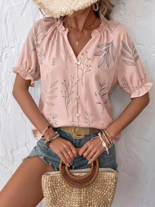 Women's Boho Botanical Floral Printed Button-Up Blouse