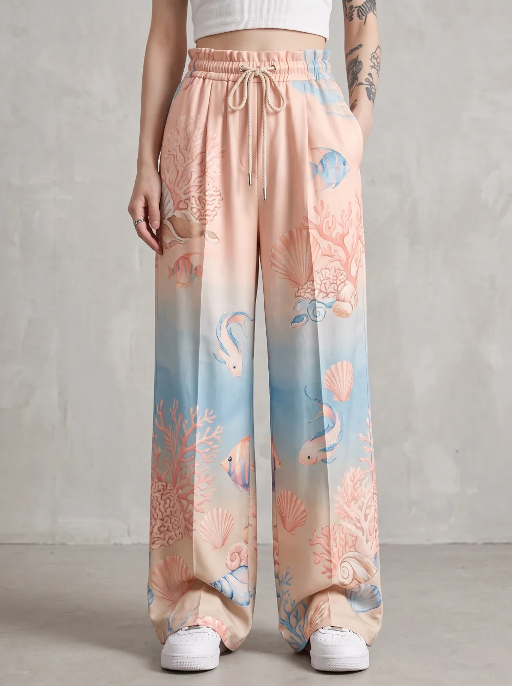 Women's Ocean Lover Coral Fish Seashell Printed Wide Leg Pants