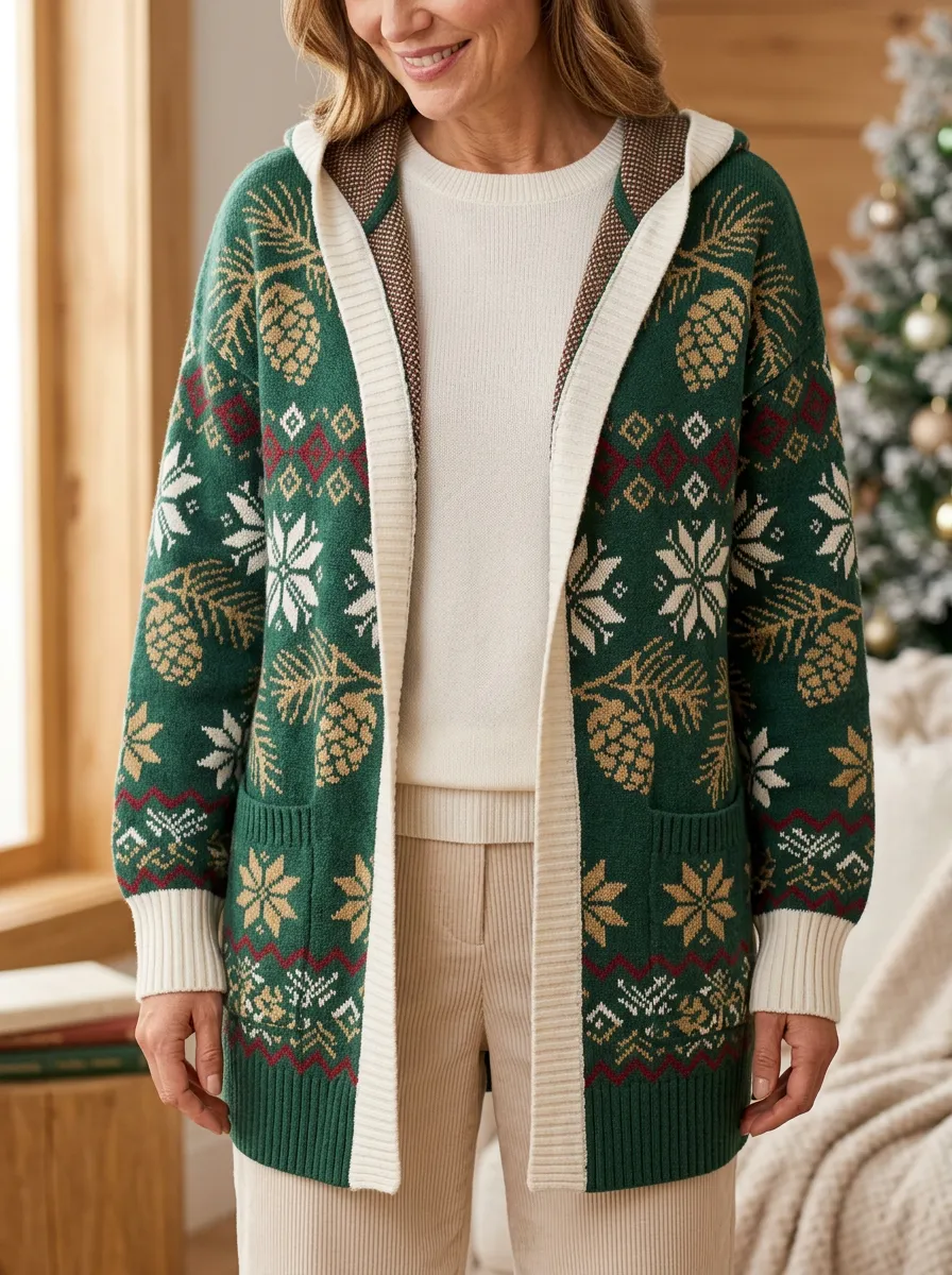 Christmas Pinecone Snowflake Pattern Print Winter Hooded Cardigan