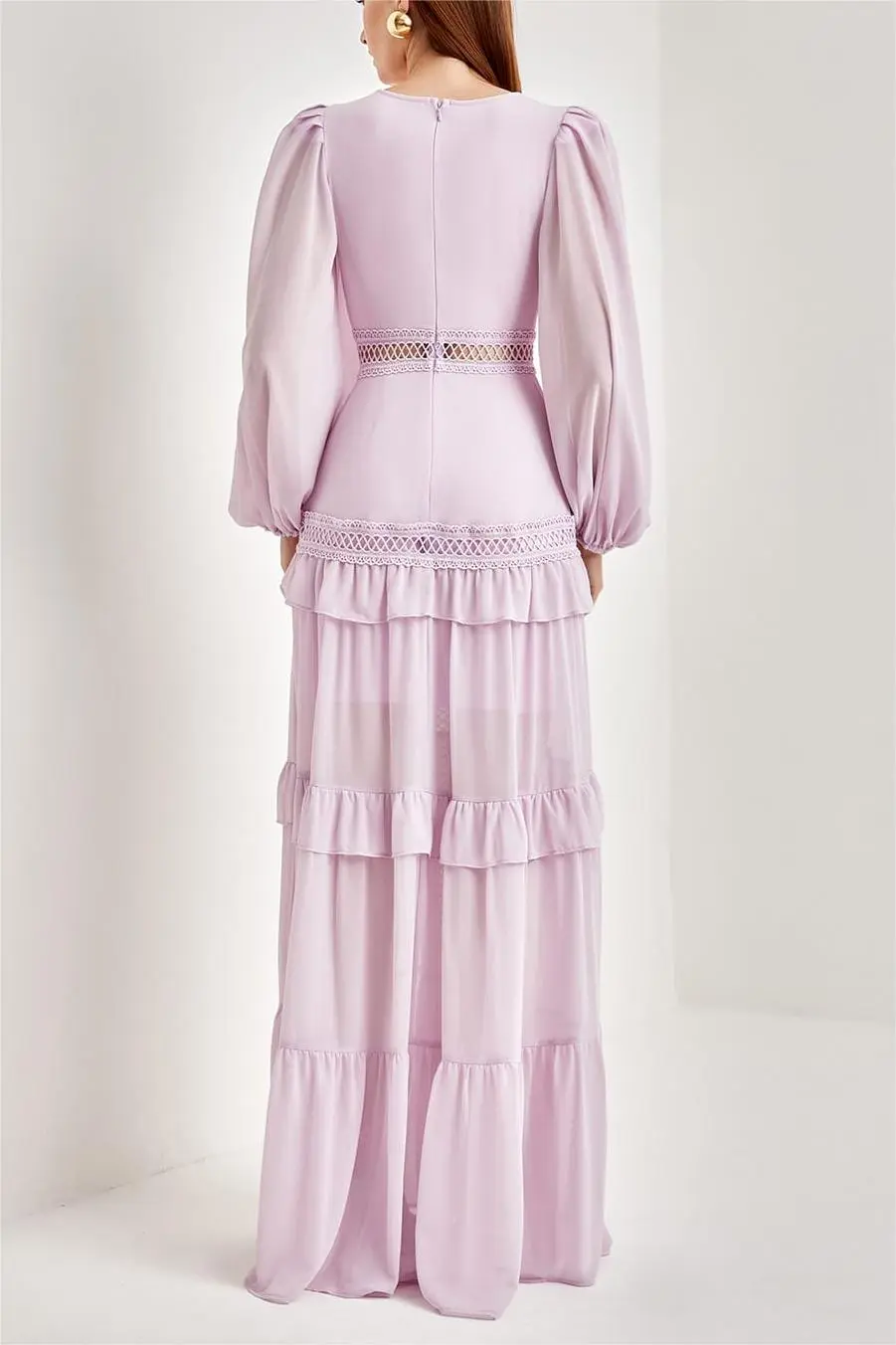 Solid Lace V-Neck Frill Midi Dress