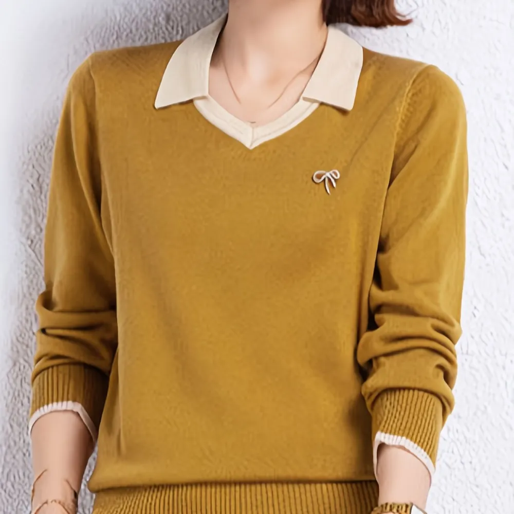 Notched Collar Knitted Sweater Casual Long Sleeve