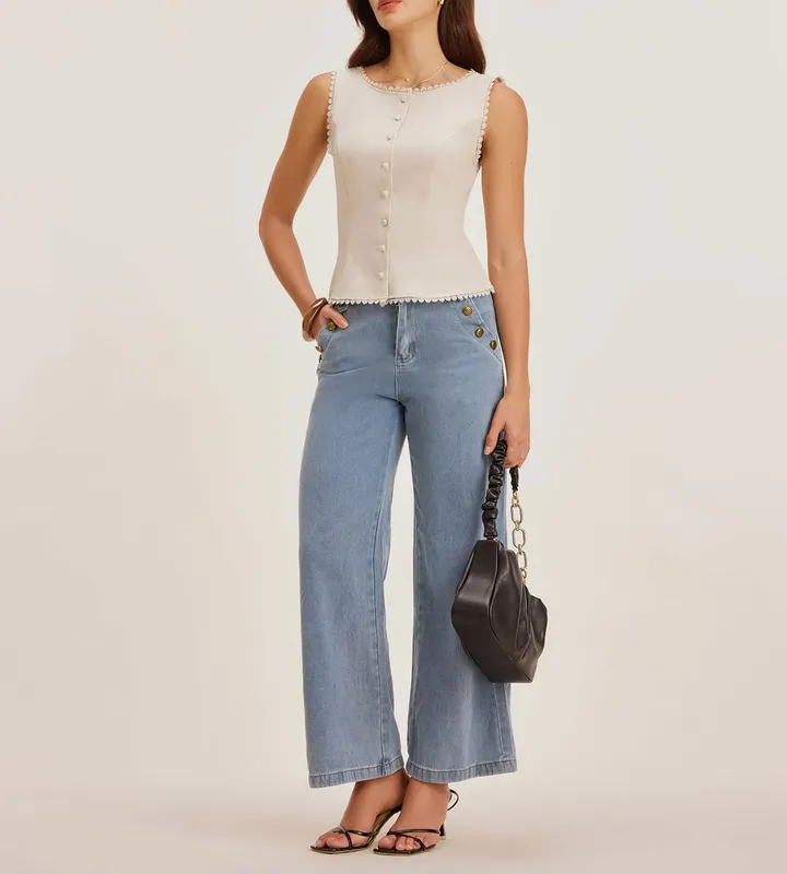Apricot Boat Neck Button Vest