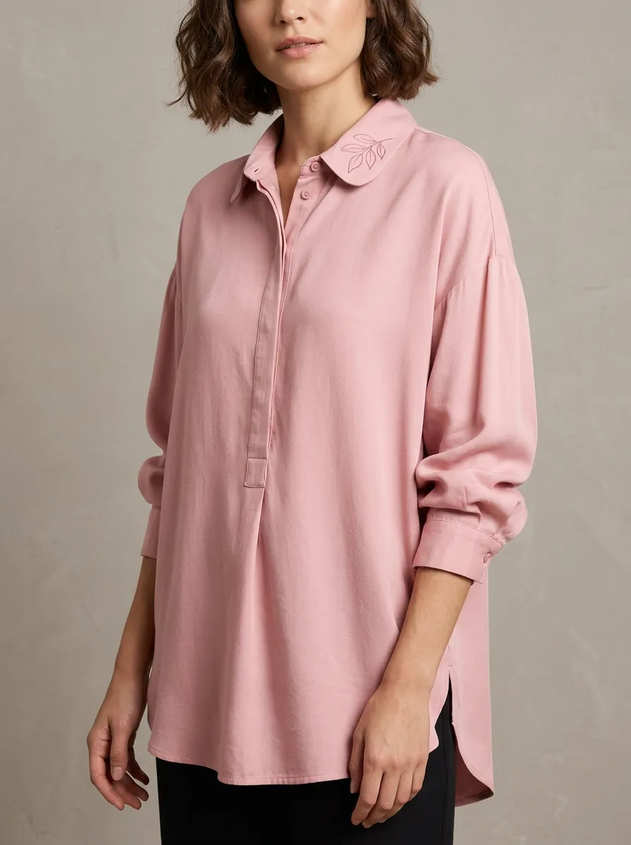 Women's Pink Minimalist Leaf Embroidered Printed Shirt