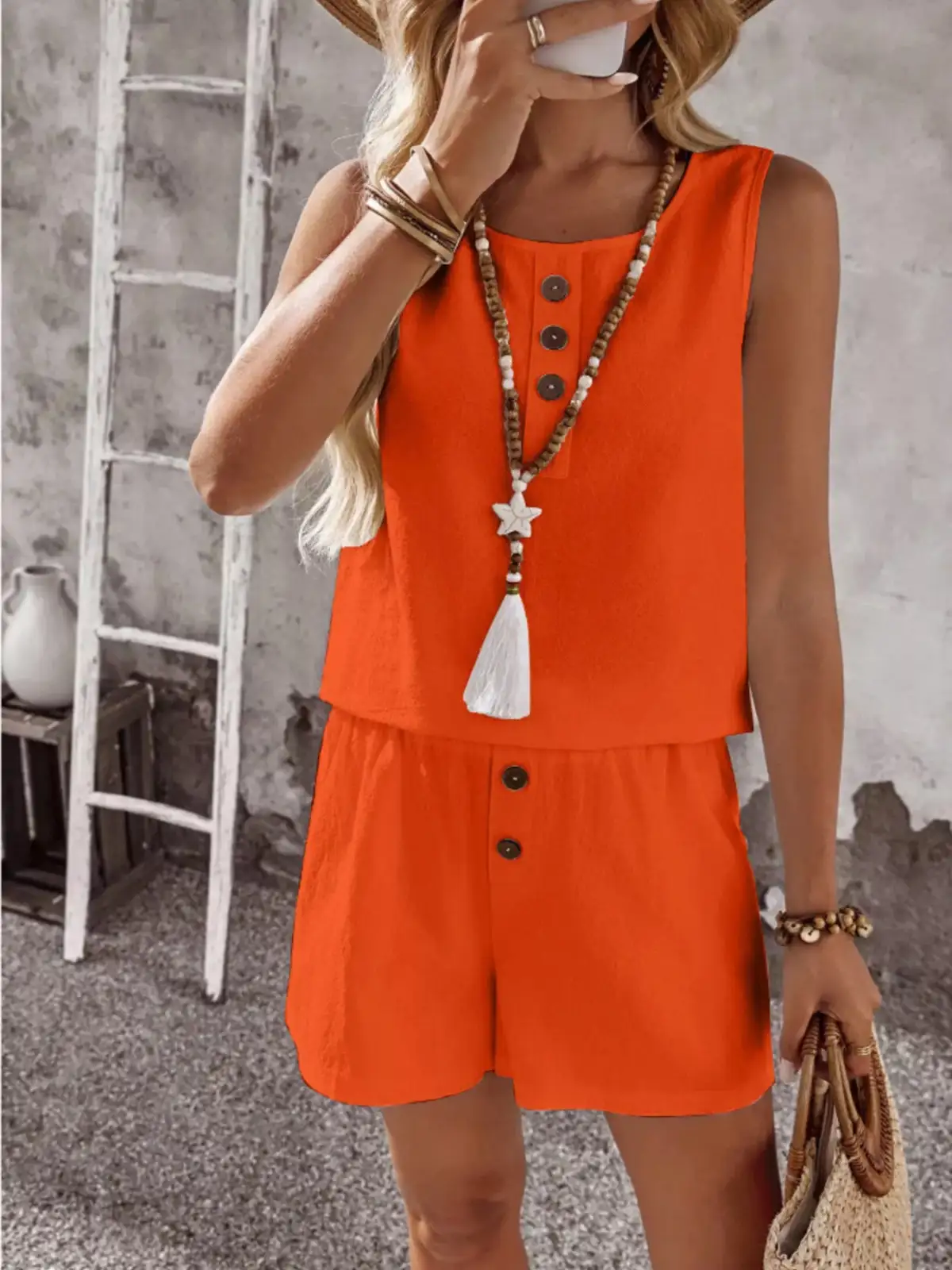 Round-Neck Button-Detail Cotton Shorts Matching Set