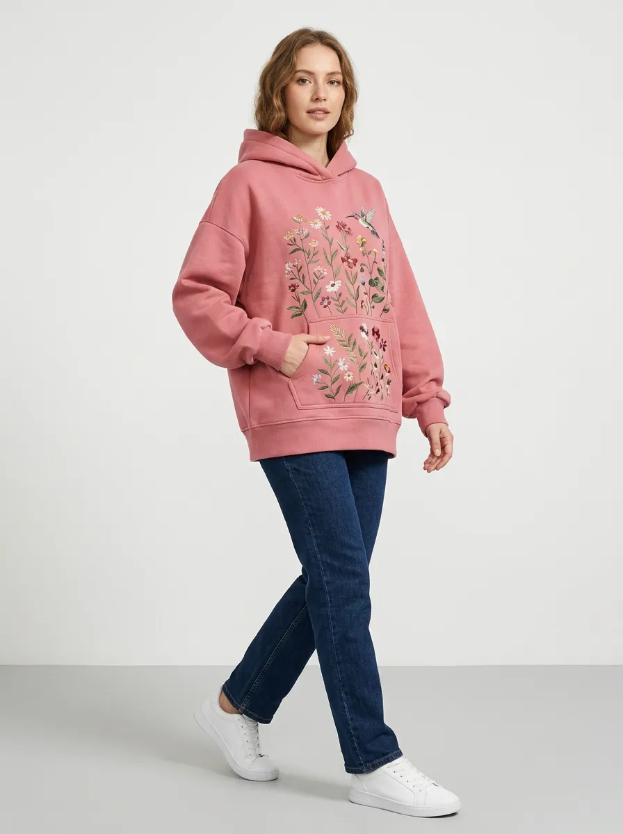 Women's Floral Hummingbird Nature Printed Pink Hoodie