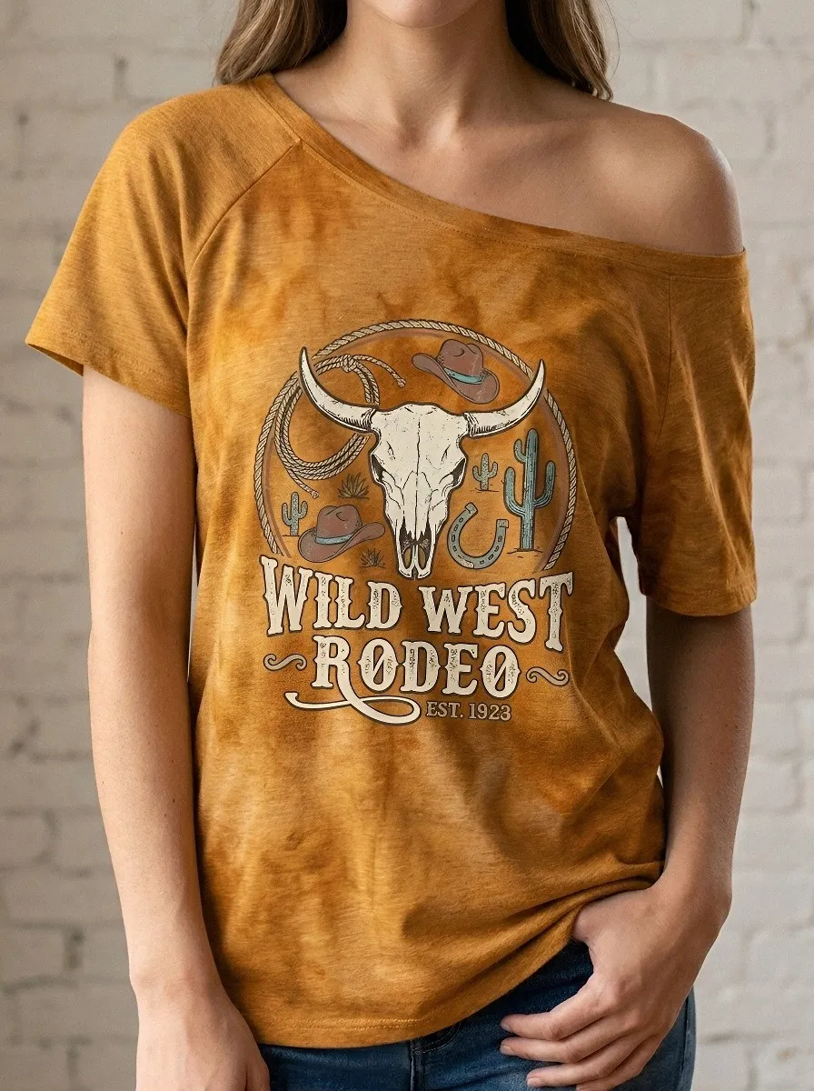 Women's Wild West Rodeo Cow Skull Printed Tie-Dye T-shirt