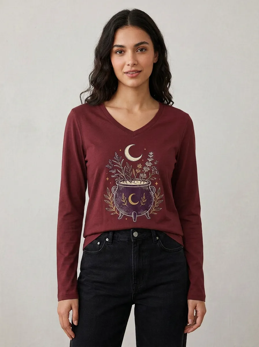 Women's Halloween Witchy Moon Cauldron Floral Printed V-neck Long Sleeve T-shirt