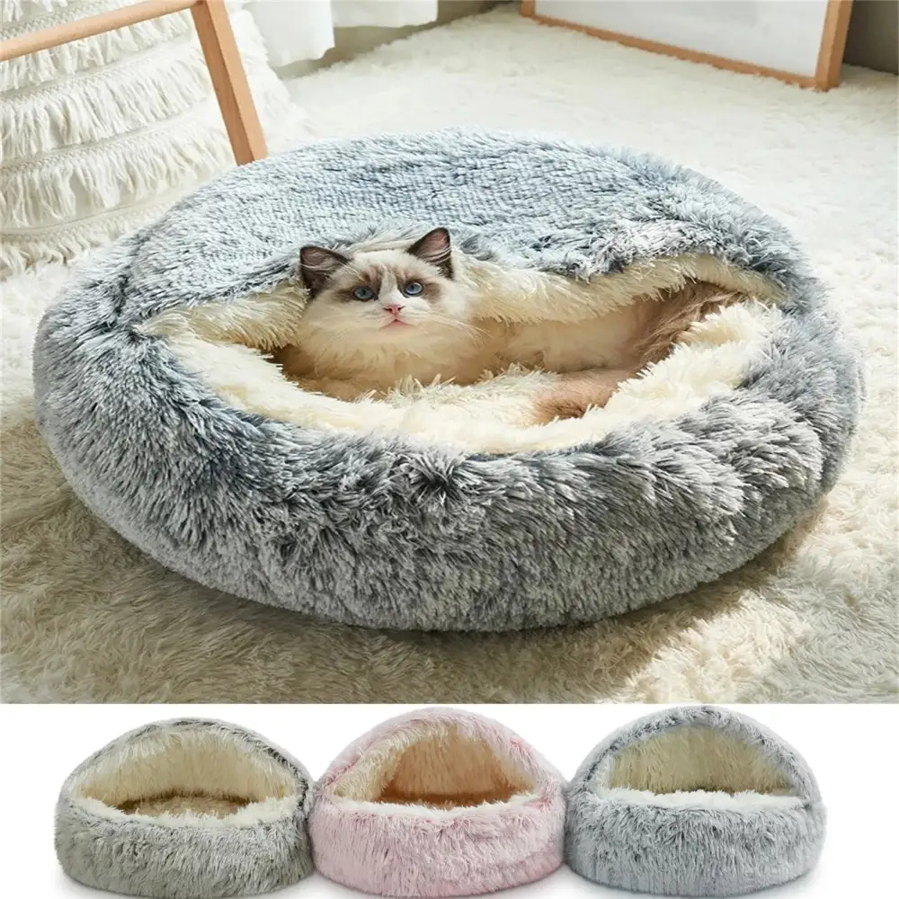 Hooded Plush Cat Cave Bed