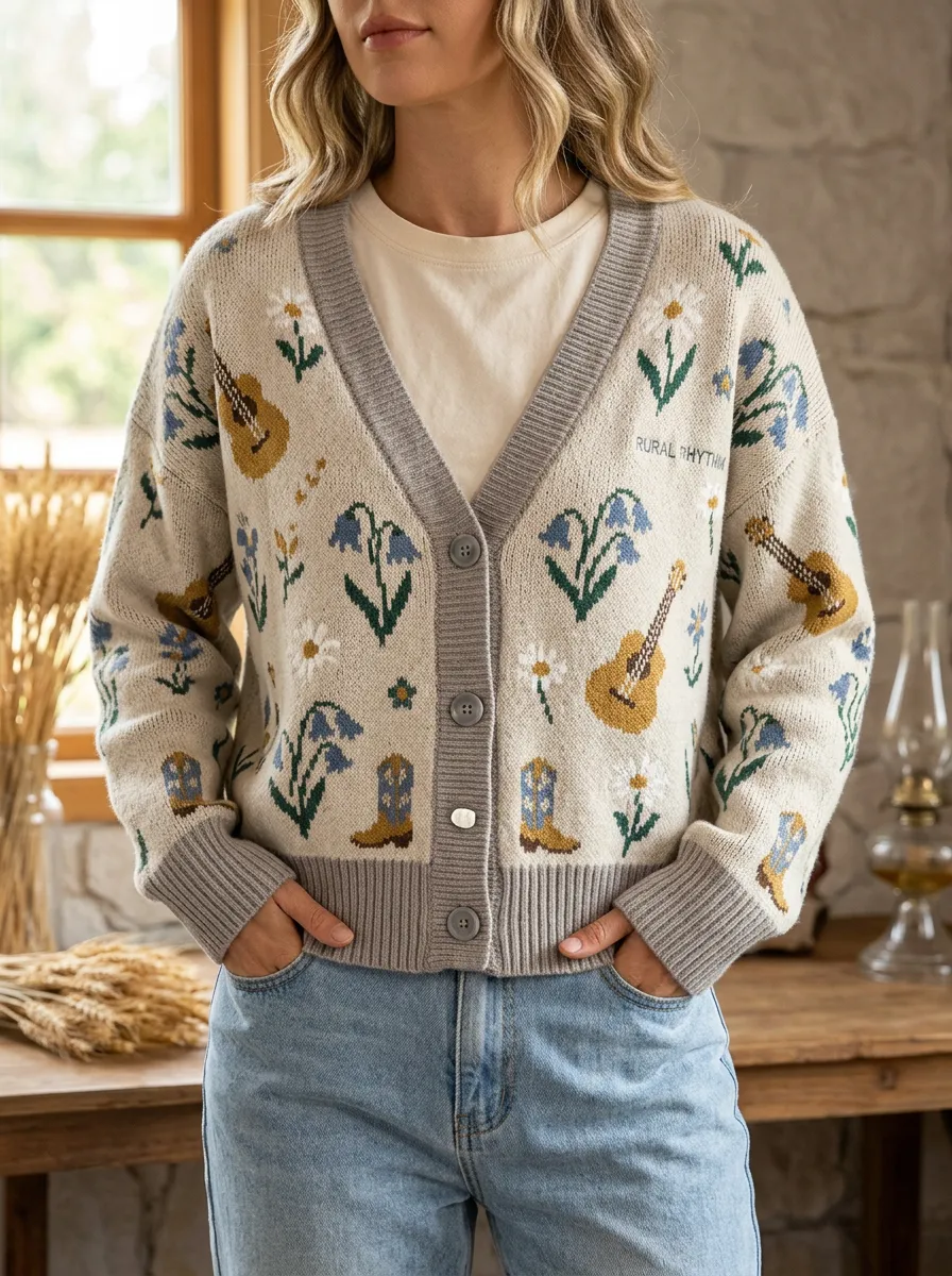 Guitar Cowboy-Boot Women's Country Music Casual Cardigan