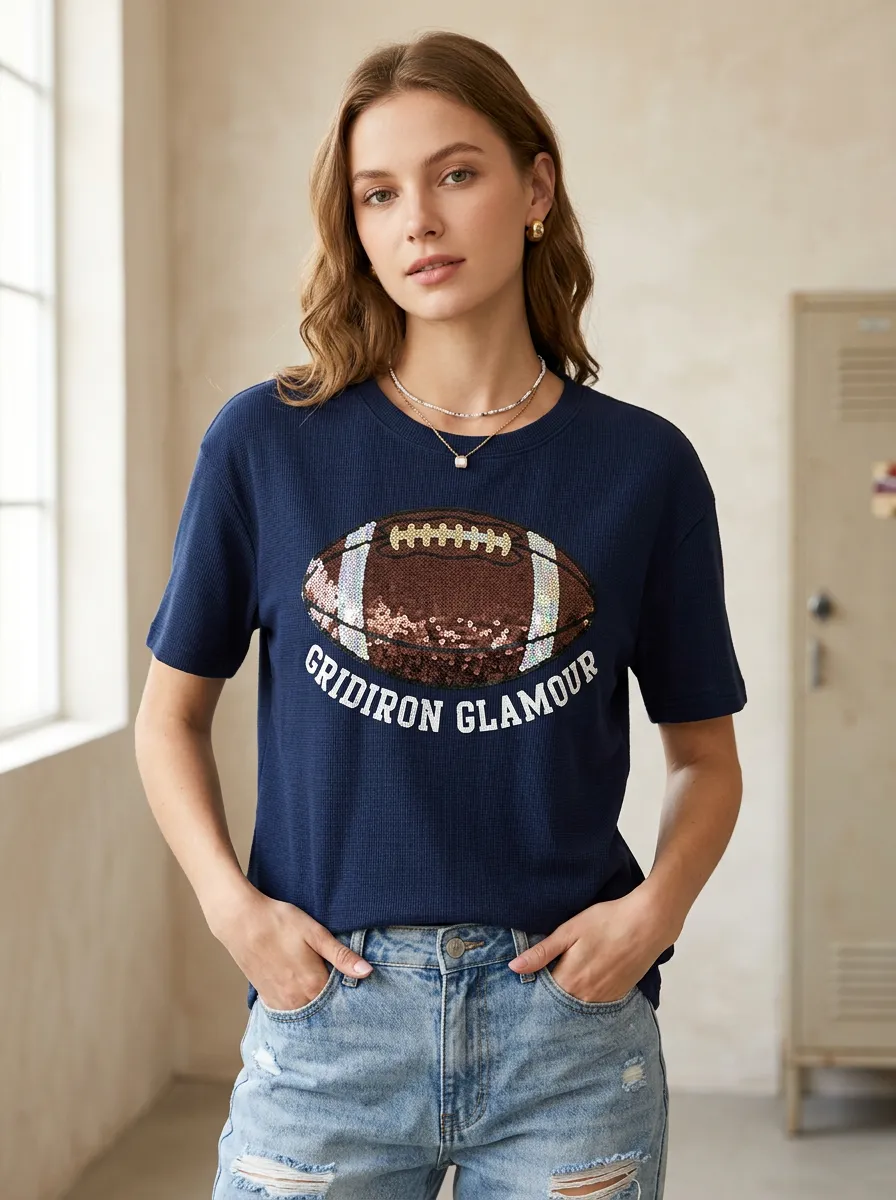 Women's Retro Inspired Football Gridiron Ball Crew Neck Graphic T-Shirt
