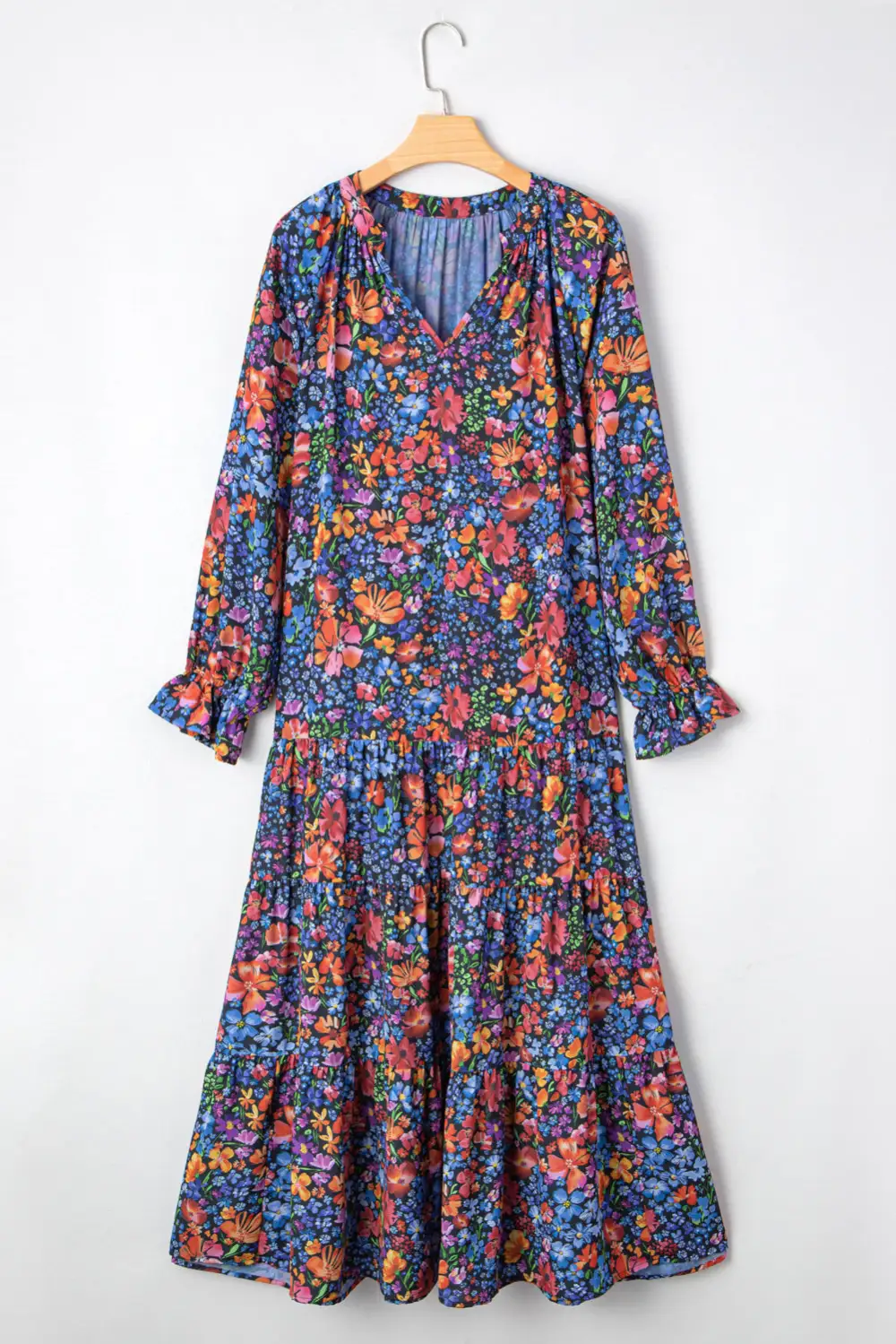 Maxi Floral Print Tassel Tie V Neck Long Sleeve