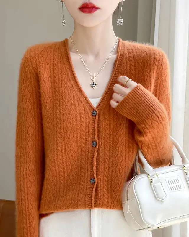 Merino-Wool Wool Button-Front V-Neck Cardigan