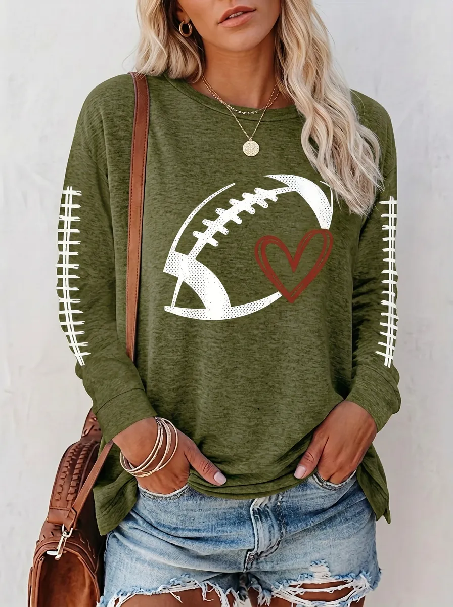 Women's Bold Gridiron Heart Ball Love Crewneck Long Sleeve T-Shirt