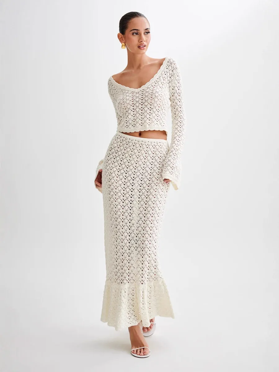 Oceane Resort Style Long-Sleeved Knitted Openwork Two-Piece Set