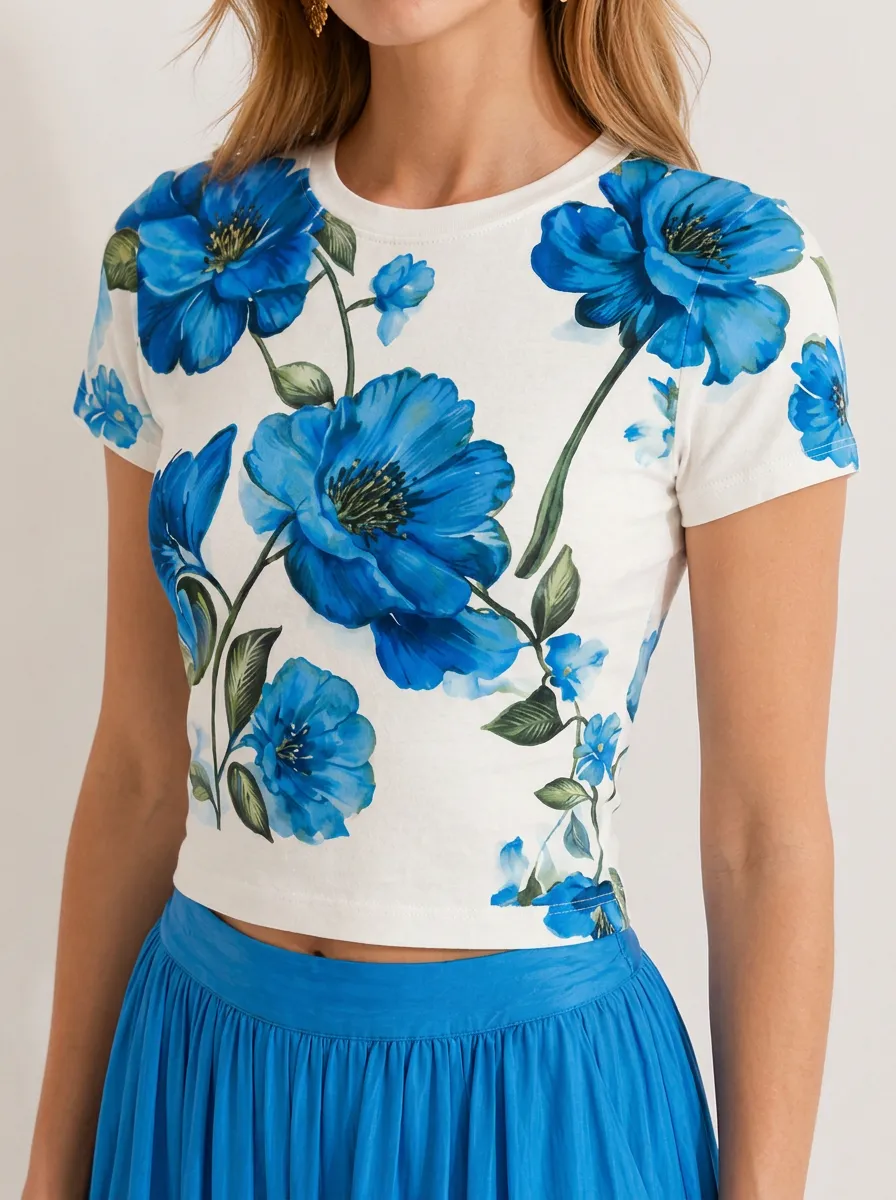 Women's Floral Lover Blue Flower Printed Crop T-shirt