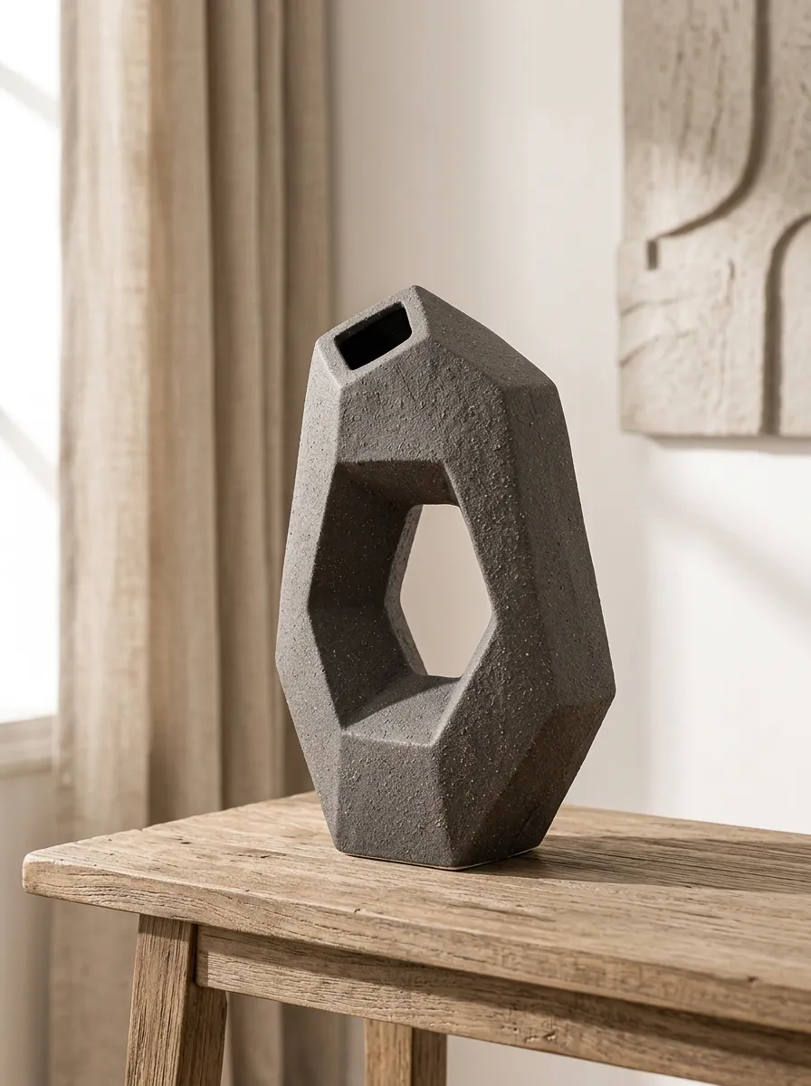 Modern Home Decor Geometric Textured Dark Grey Ceramic Vase
