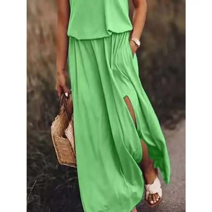 Full Size Round Neck Sleeveless Slit Maxi Dress Plus Size