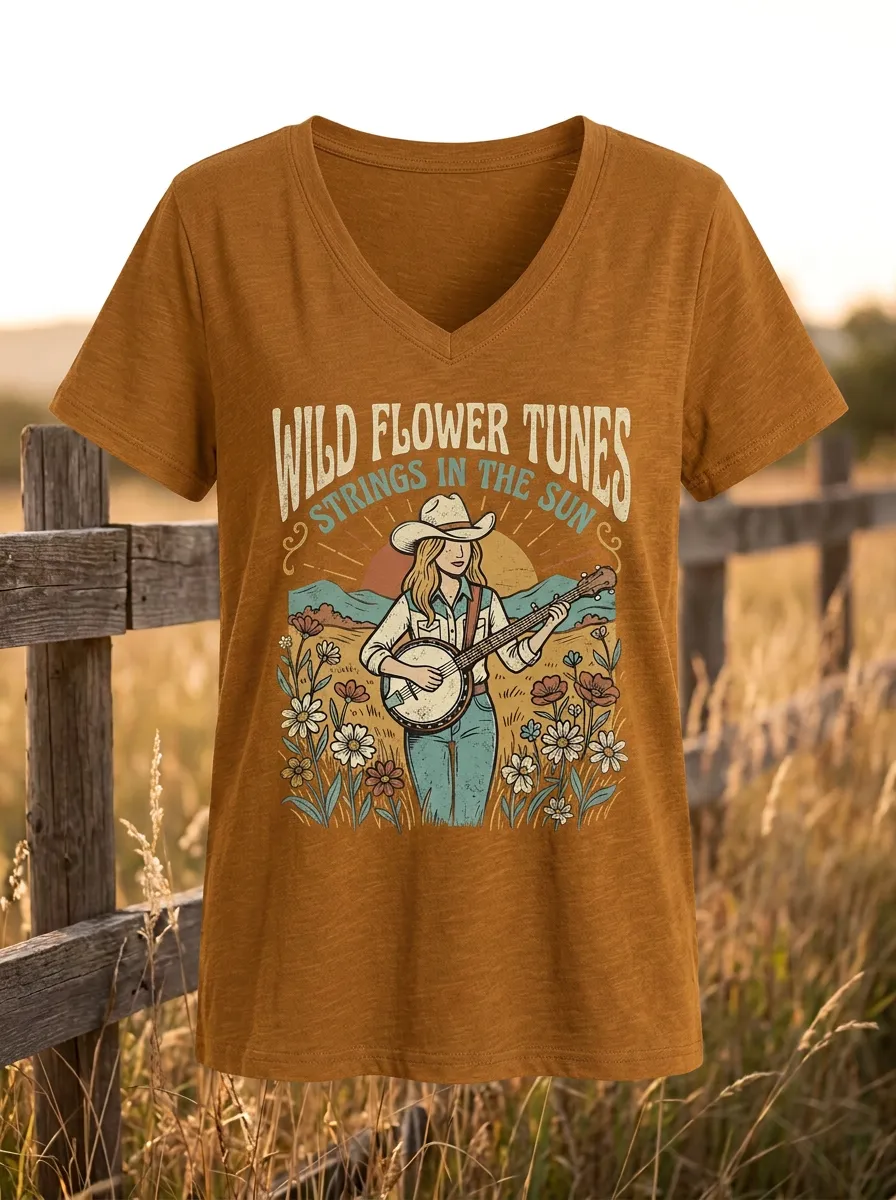 Western-Inspired Folk-Motif Women's Country Music V-Neck T-Shirt