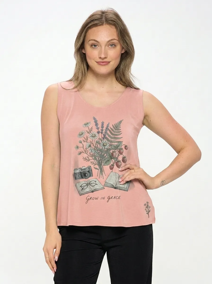 Women's Nature Lover Flower Strawberry Camera Book Printed Tank Top