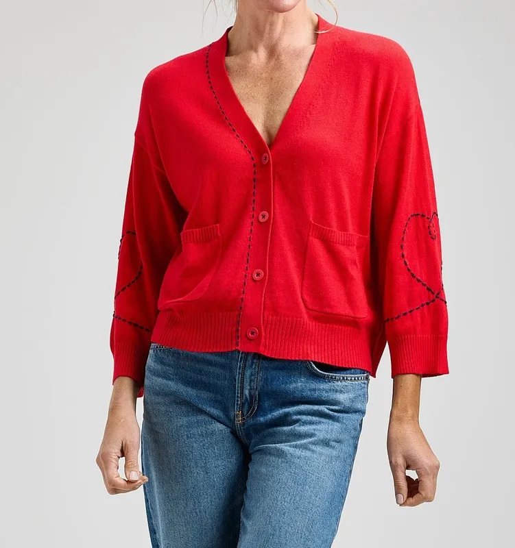 Cotton Cashmere Embroidered V-Neck Cardigan Red