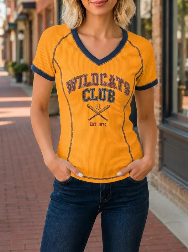 Women's Baseball Lover Wildcats Club Printed V-neck T-shirt