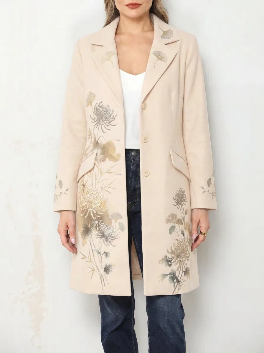 Women's Floral Art Chrysanthemum Ginkgo Printed Long Coat