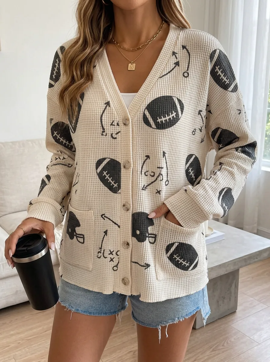 Women's Gridiron Football Fan Playbook Pattern Printed Waffle Knit Cardigan