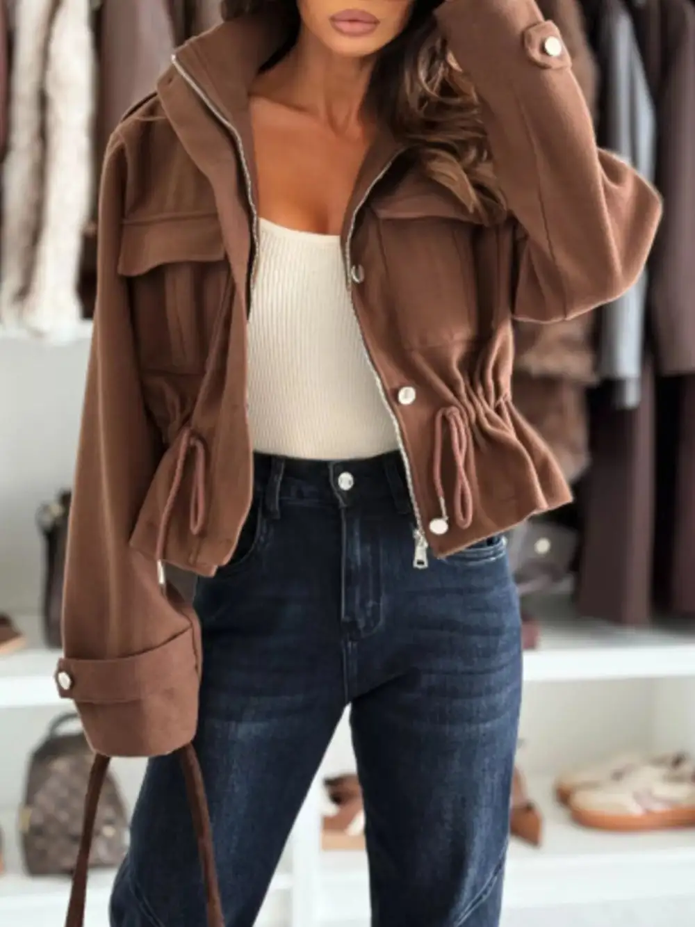 Drawstring Button-Up Casual Jacket