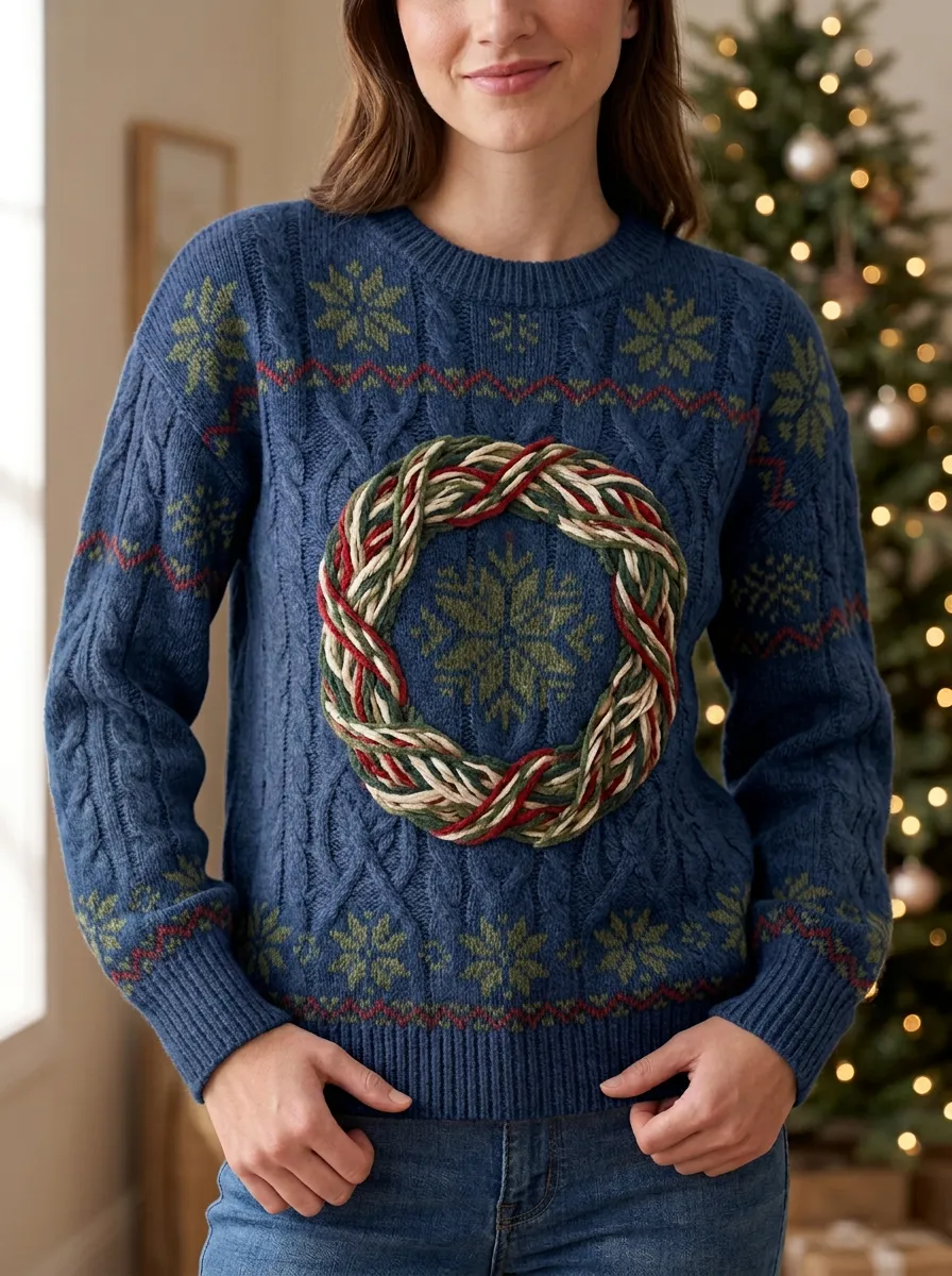 Festive Christmas Holiday Wreath Snowflake Pattern Knitted Sweater