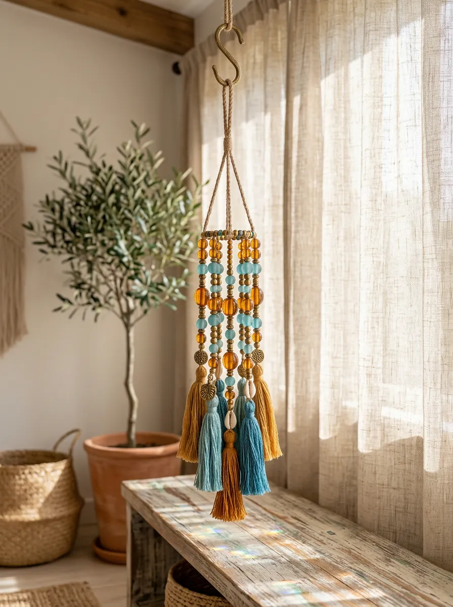 Boho Amber Blue Beaded Tassel Suncatcher Hanging Ornament