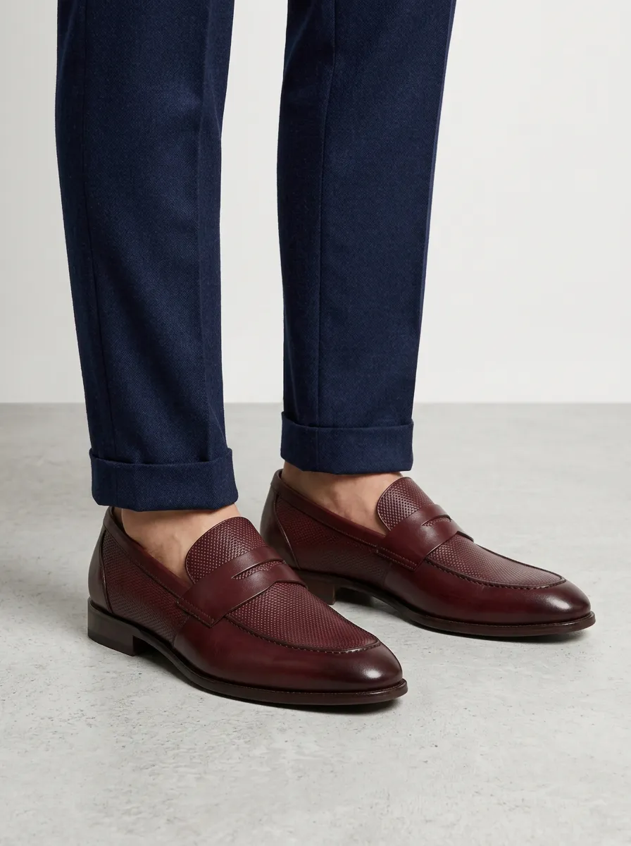 Men's Business Casual Textured Leather Penny Loafers
