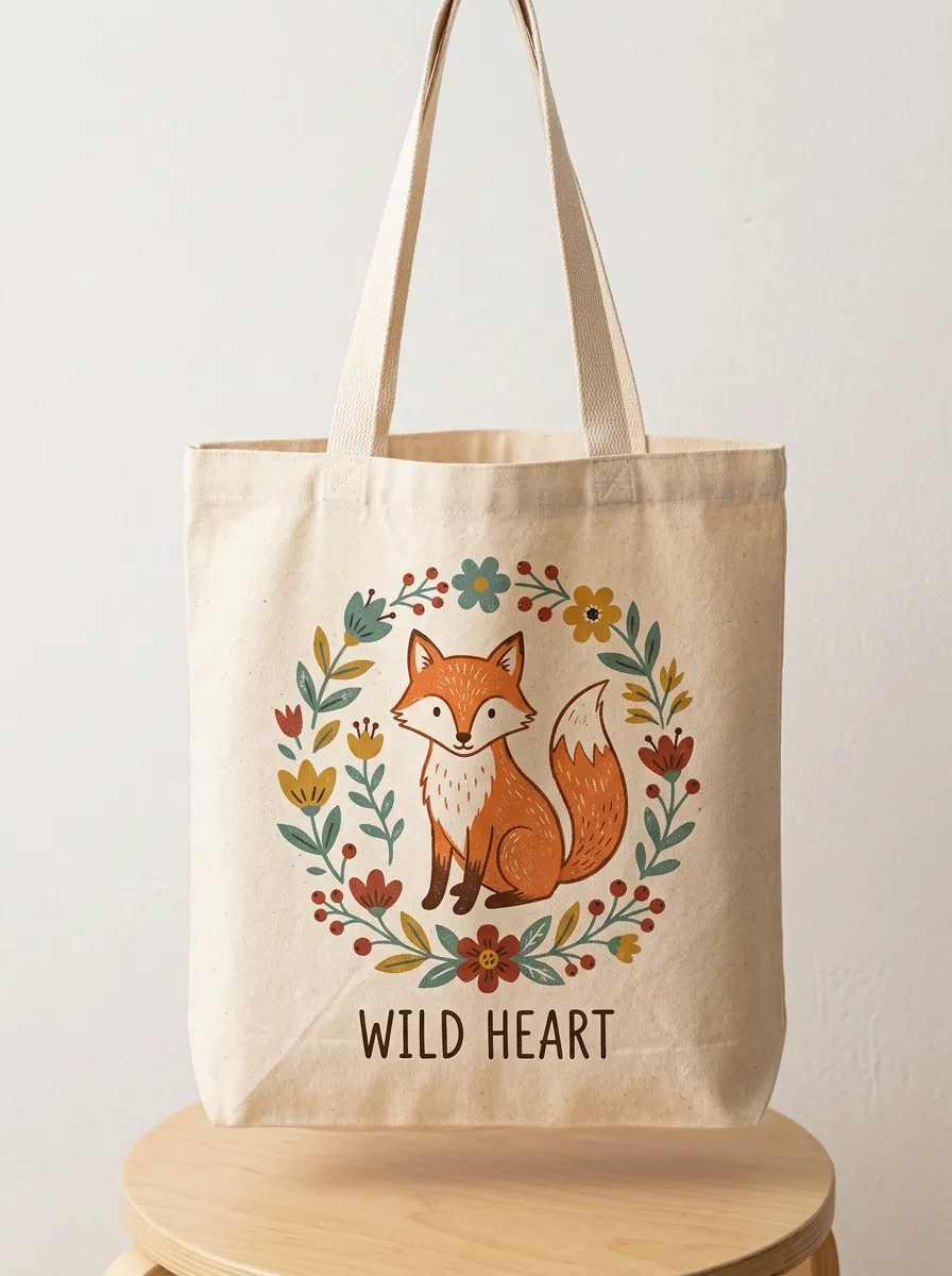 Wild Heart Fox Floral Wreath Printed Tote Bag