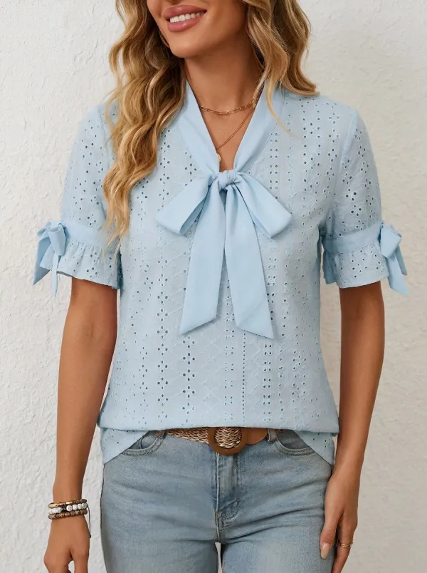 Women's Pink Bow Tie Eyelet Embroidered Short Sleeve Top