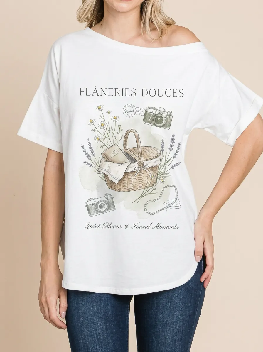 Women's Picnic Aesthetic Camera Flower Basket Printed T-shirt