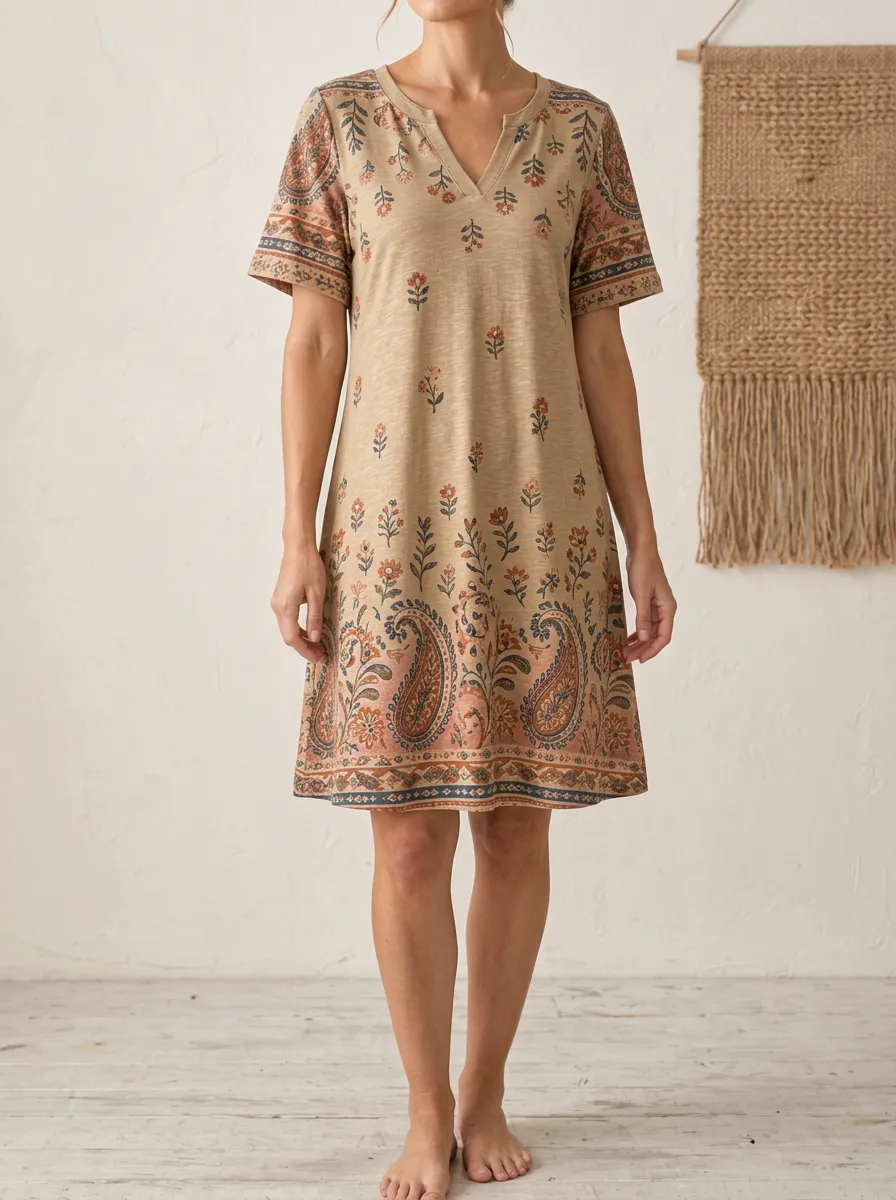 Women's Floral Paisley Print Split-Neck Shift Dress
