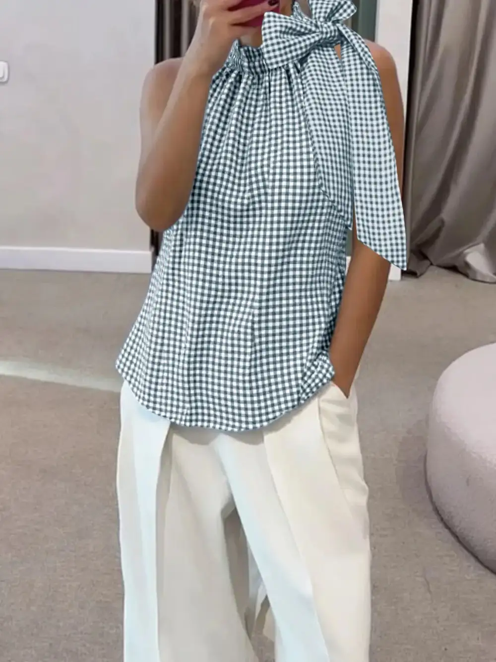Asymmetric Gingham Bow Tie Sleeveless Top