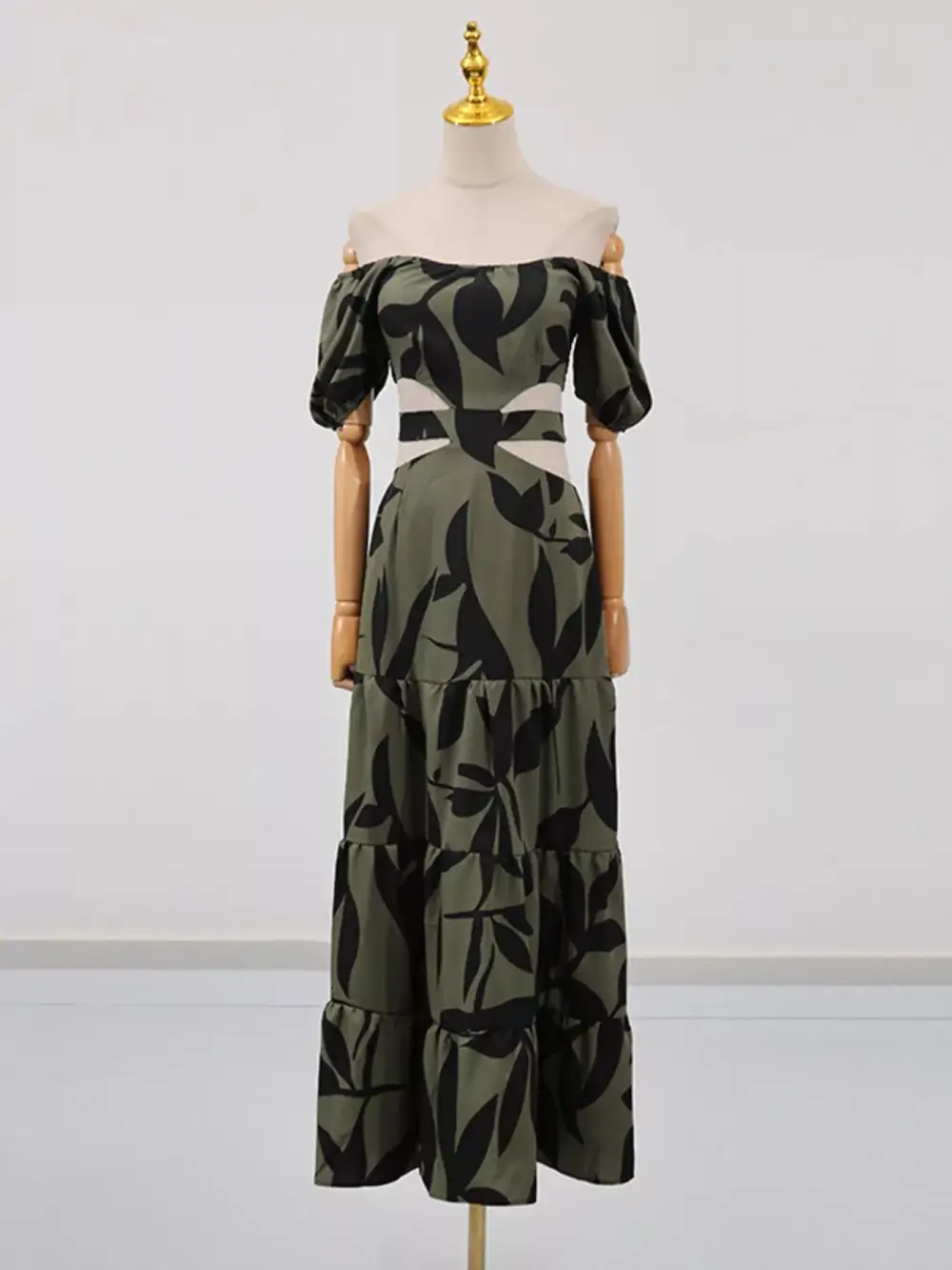 Off Shoulder Cutout Leaf Print Maxi Dress