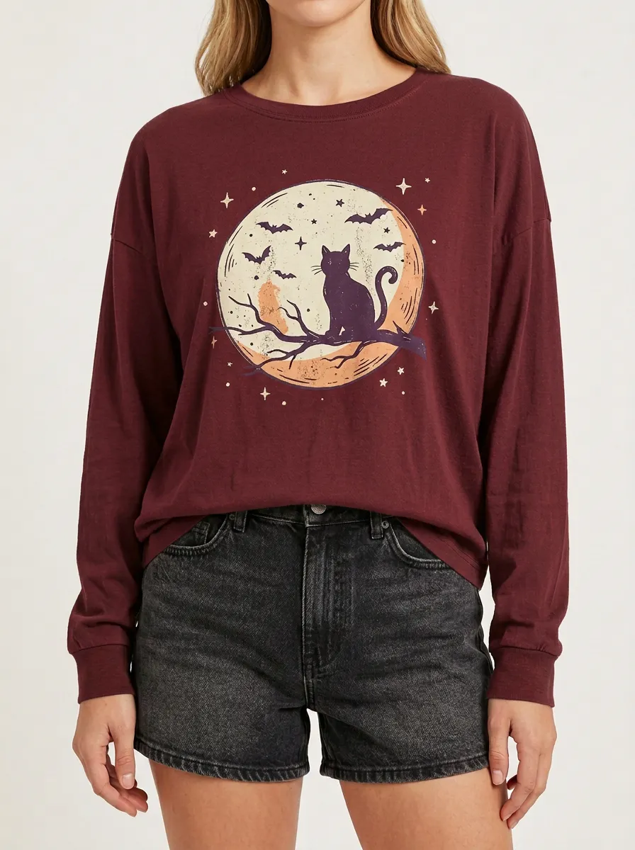 Women's Halloween Cat Moon Bats Branch Printed Long Sleeve T-shirt